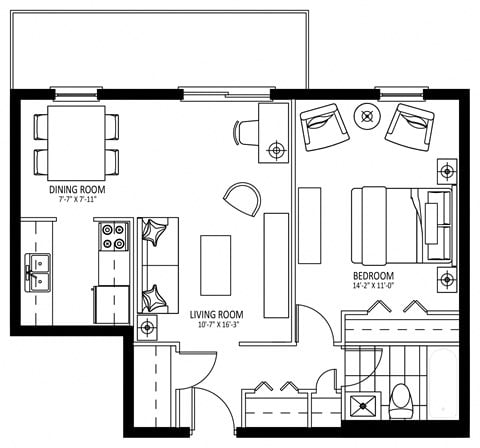 Floor plan for 1 bed, 1 bath, 652 sqft